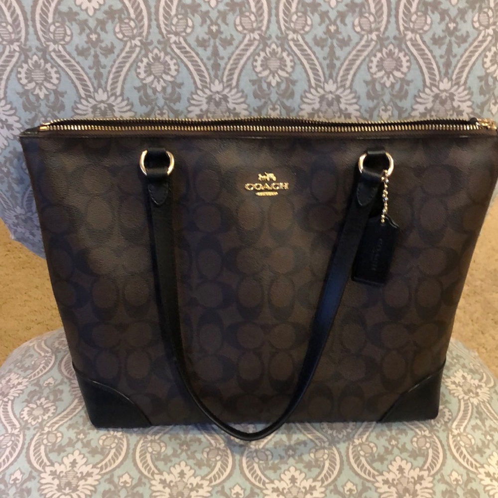 Coach Zip Top Tote in Signature Coated Canvas & Smooth Leather